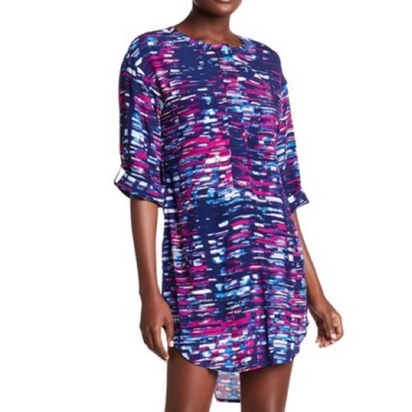 Michael Stars Barcelona Crepe Print Colorful Abstract Shirt Dress Large - Picture 8 of 9